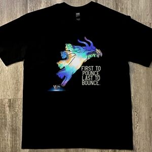 First to pounce, last to bounce cat jump graphic tee, black, cotton, unisex L